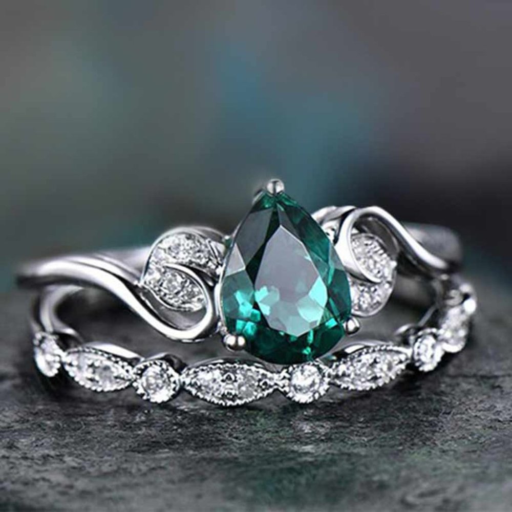 Elegant Dainty Lake Green Anillos 925 Silver Couple Ring Set, VIP211 - Picture 2 of 6
